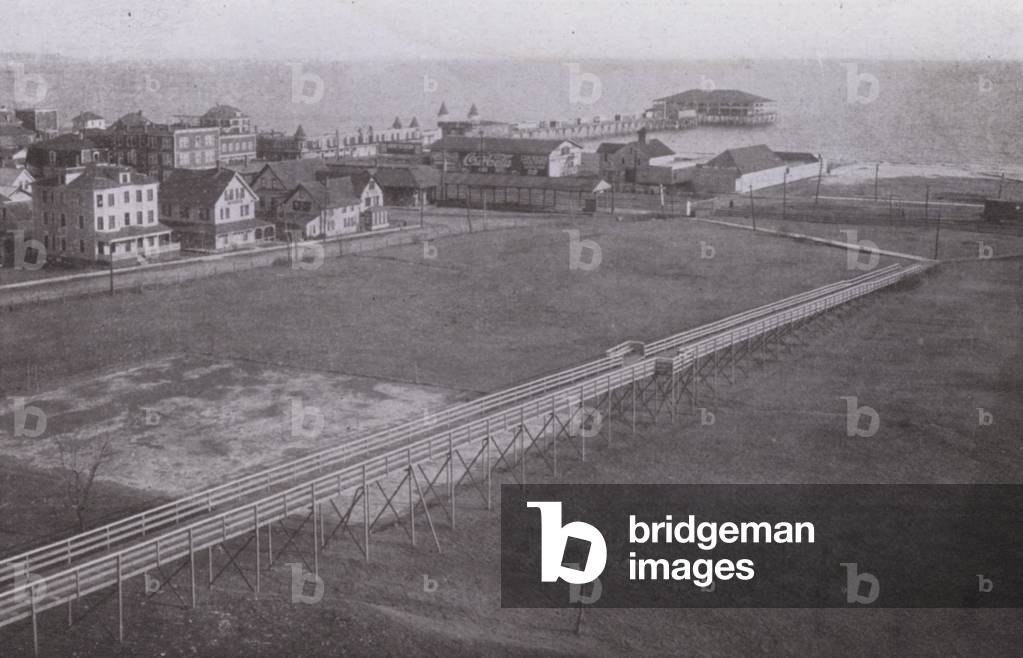 Old Orchard Beach, Maine: Ocean and pier from Old Orchard House (b/w photo)