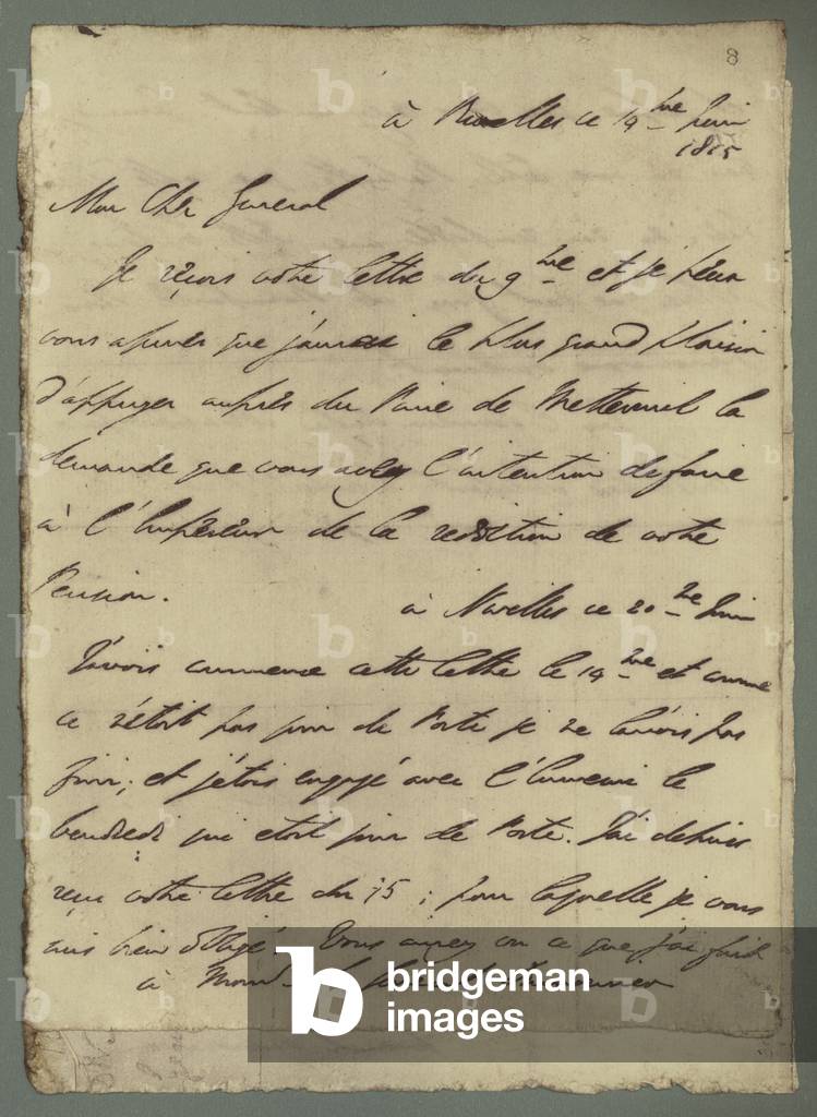 Front page of the letter in which the Duke Of Wellington informs a French General of the victory of Waterloo (colour litho)