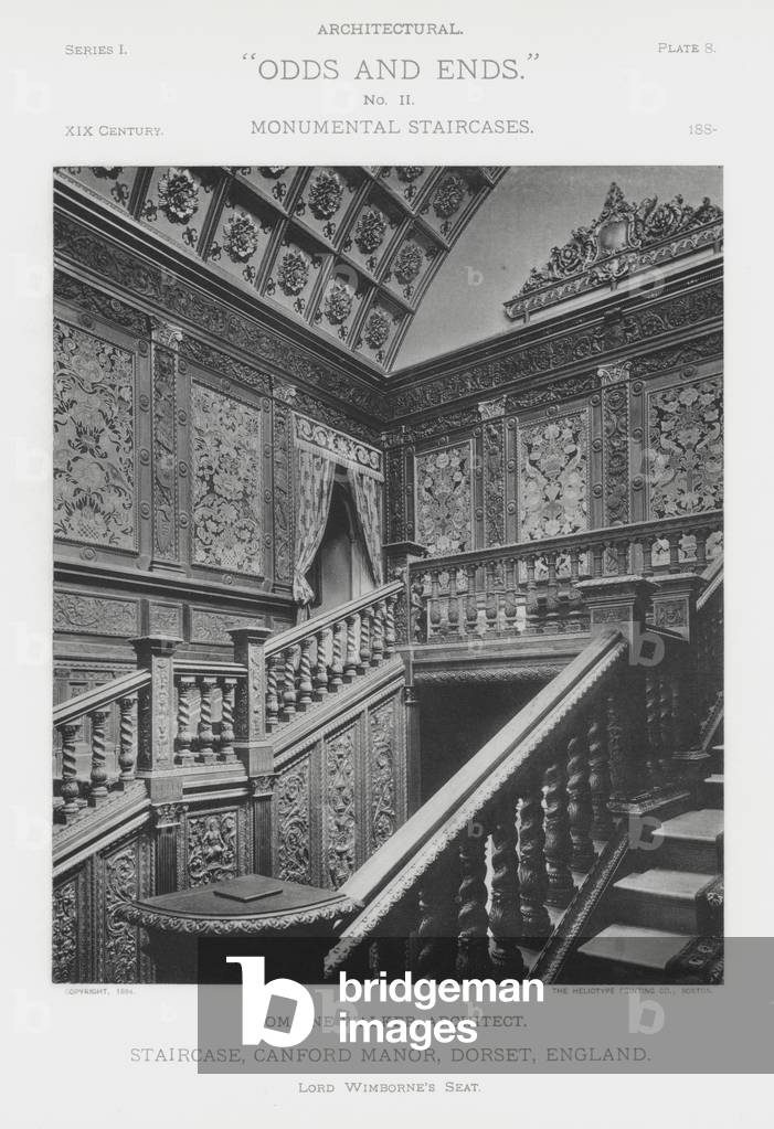 Staircase, Canford Manor, Dorset, England (b/w photo)