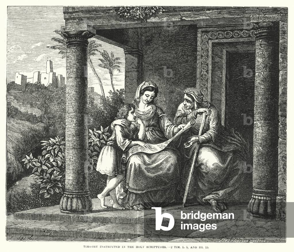 Timothy instructed in the Holy Scriptures, 2 Timothy I, 5, and III, 15 (engraving)