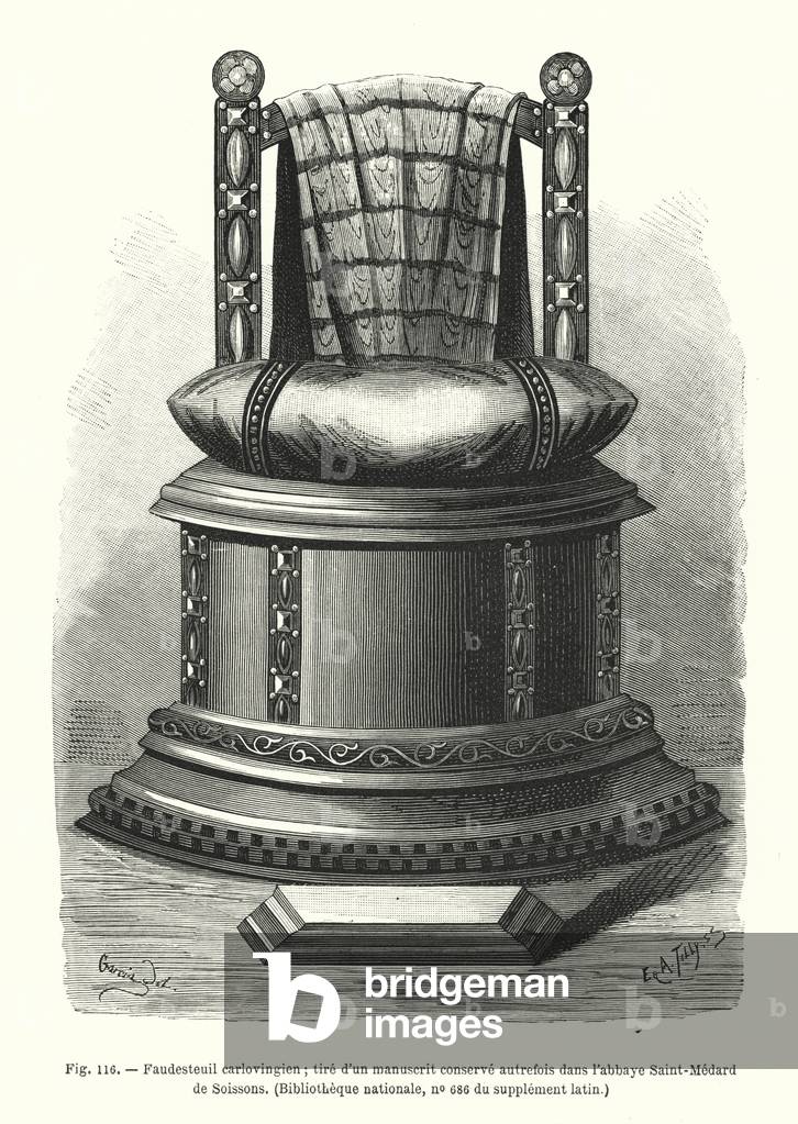 Faudesteuil carlovingien; tire d'un manuscrit conserve autrefois dans l'abbaye Saint-Medard de Soissons (engraving)