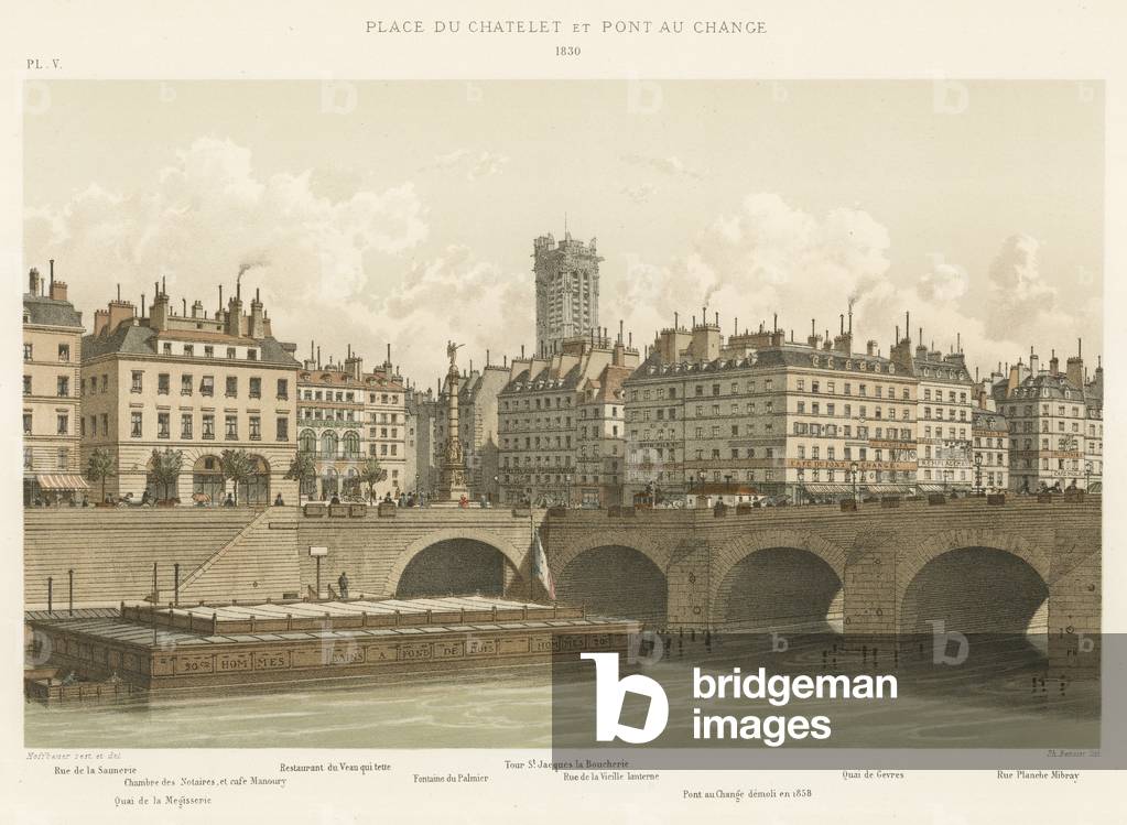 Place du Chatelet et Pont au Change, 1830 (colour litho)