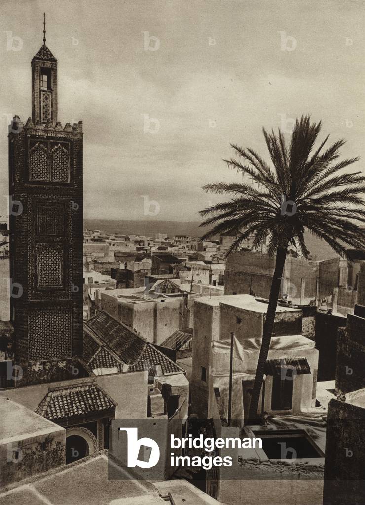 Tangiers, View of the town with the Aissaula Mosque (b/w photo)