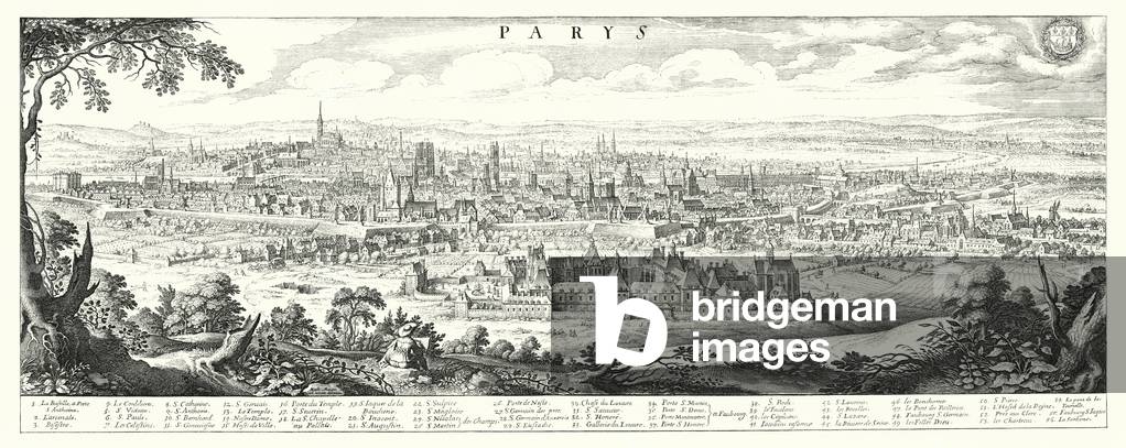 Panorama of Paris in 1632-1635 (engraving)
