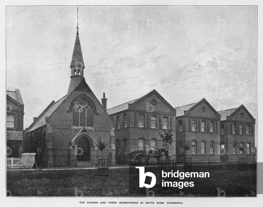 Whiteley's Farms: The church and three dormitories at Butts Farm, Hanworth (b/w photo)