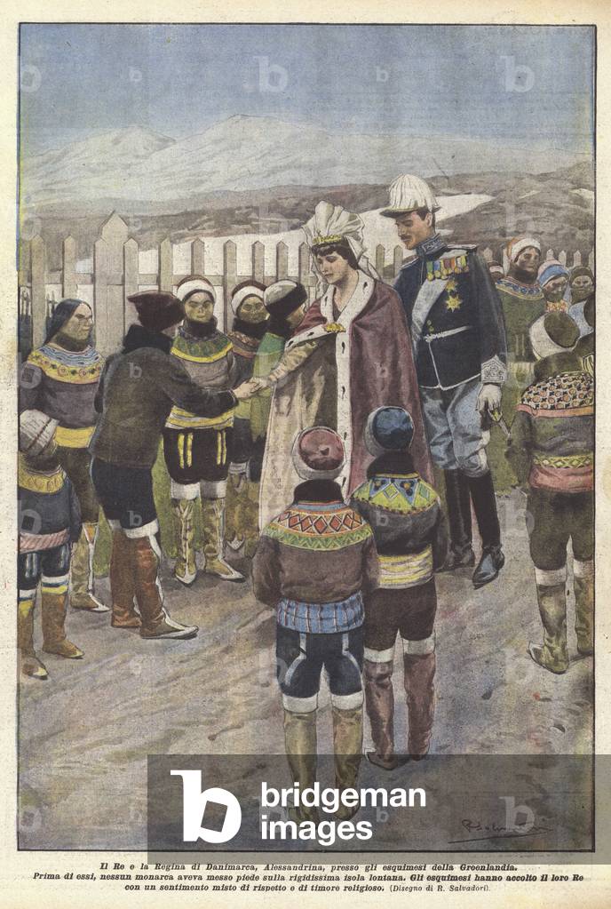 The King and Queen of Denmark, Alexandrine, to the Greenland Eskimos (colour litho)