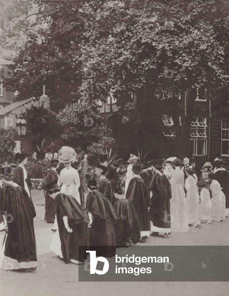 Queen Mary visiting the new wing of Bedford College, University of London, 1913 (b/w photo)