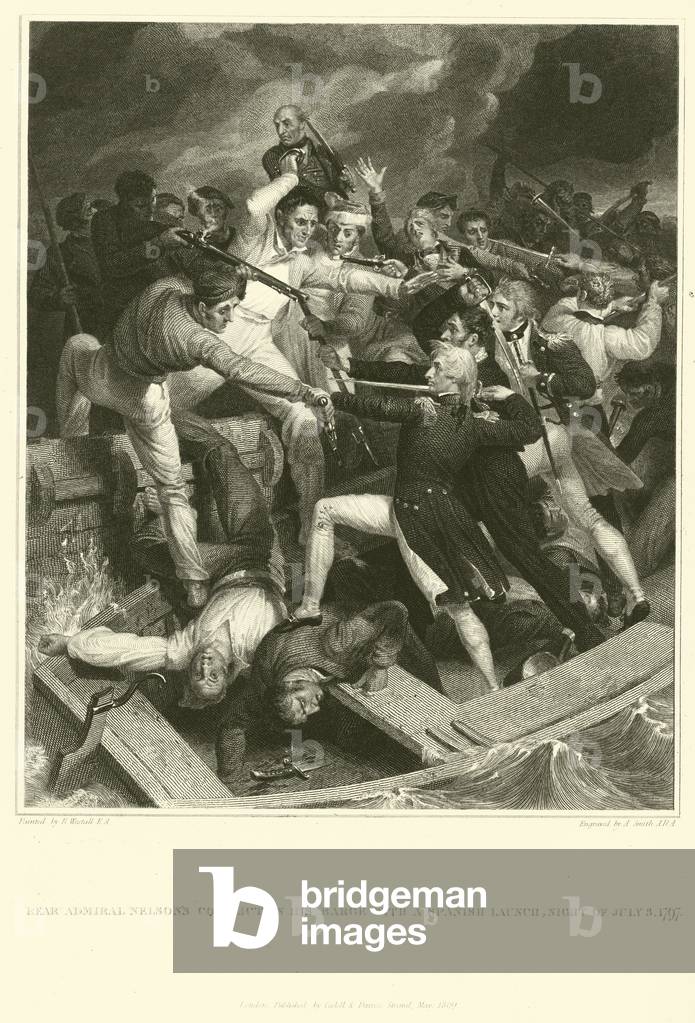 Rear Admiral Nelson's conflict in his barge with a Spanish launch (engraving)