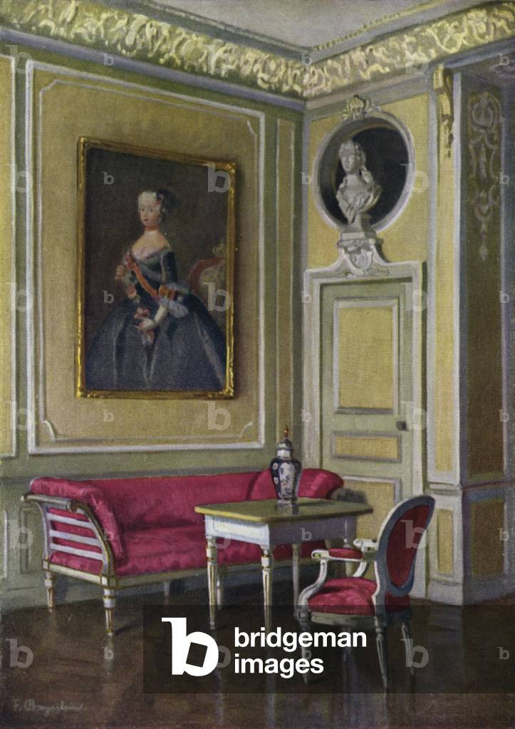 The Margravine's Bedroom in Castle Ansbach, Constructed 1733-35, Furniture of the early Louis XVI period (colour litho)