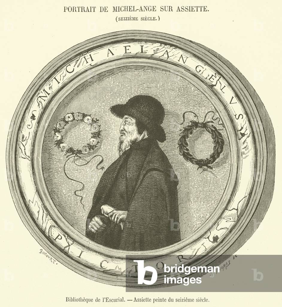 Bibliotheque de l'Escurial, Assiette peinte du seizieme siecle (engraving)