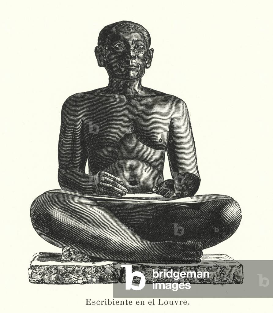 Figure of a seated Ancient Egyptian scribe in the collection of the Louvre, Paris (litho)
