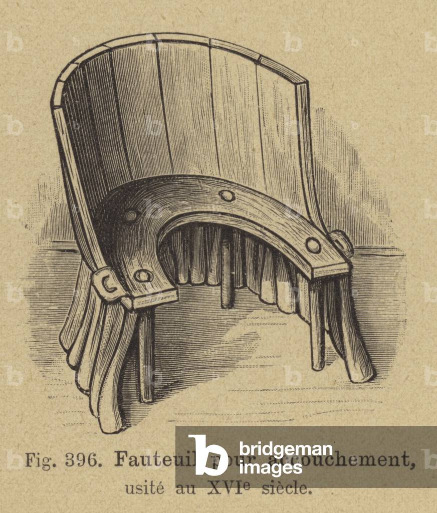 Birthing chair used in the 16th Century (engraving)