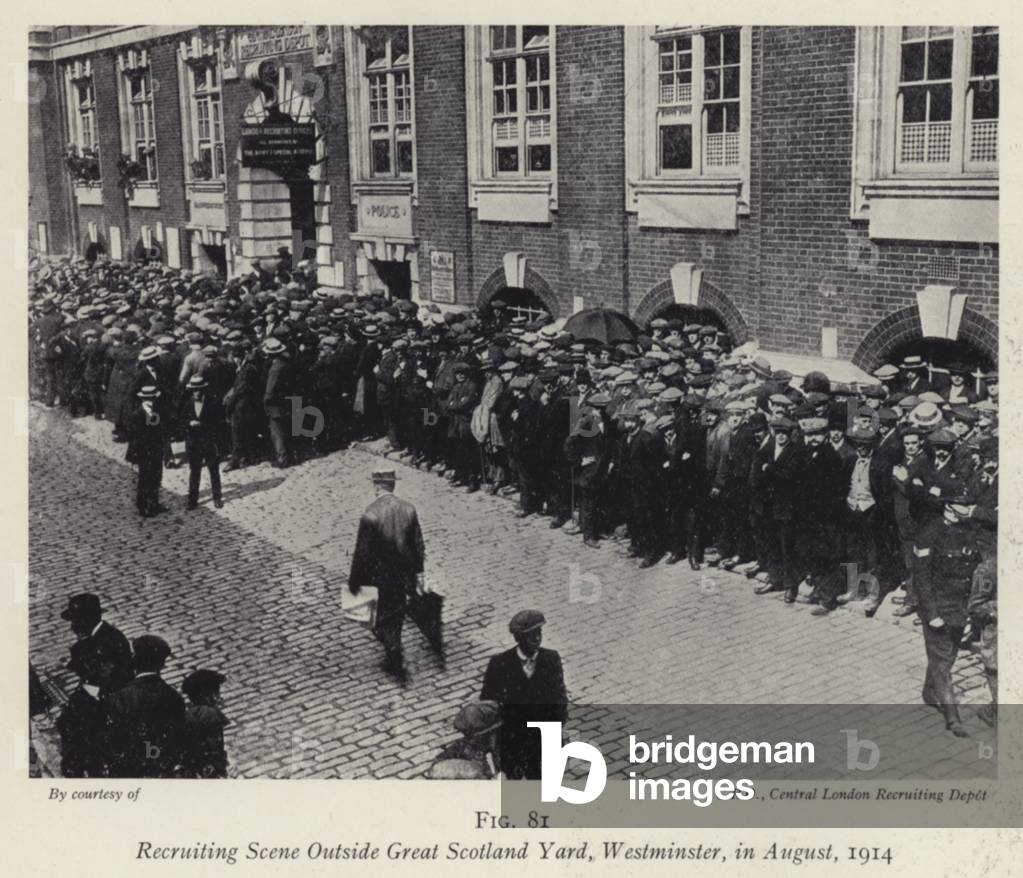 Recruiting Scene Outside Great Scotland Yard, Westminster, in August 1914 (b/w photo)