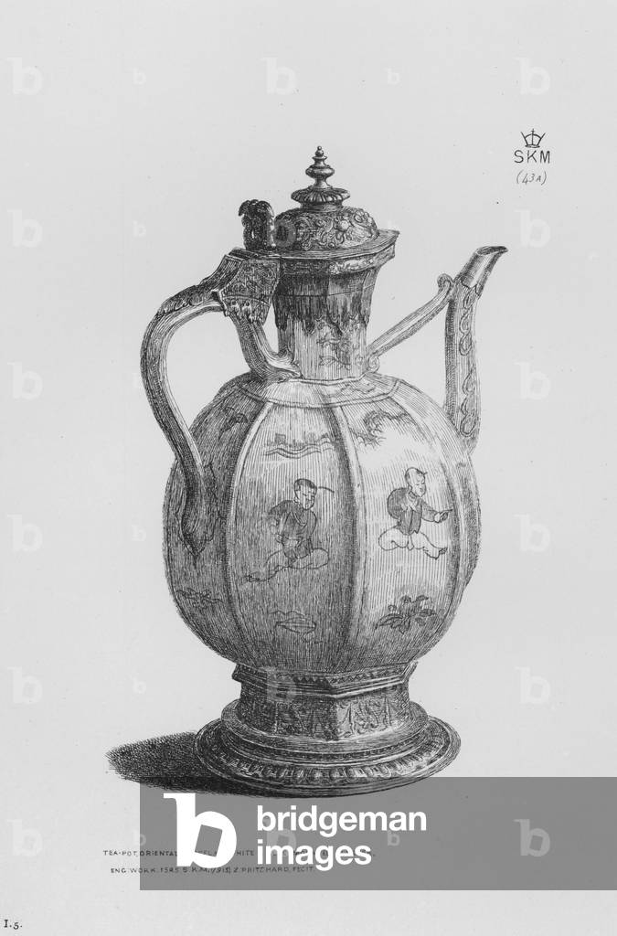 Victoria And Albert Museum: Tea-pot, oriental porcelain, white and blue, mounted in silver, Eng work, 1585 (engraving)