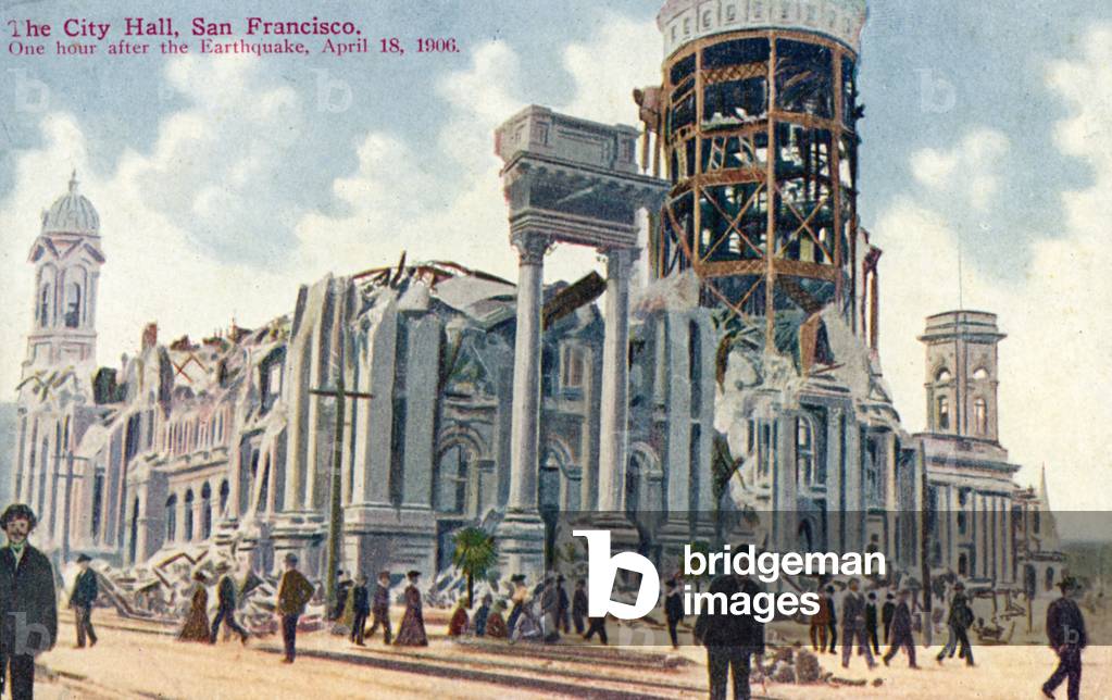 City Hall, San Francisco, after the 1906 earthquake (colour litho)