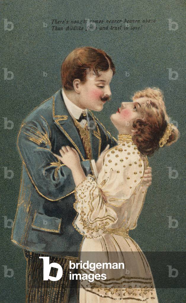 Embracing couple (colour litho)