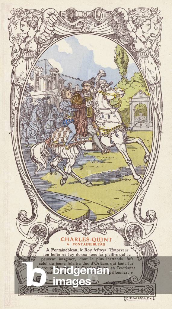 Charles, Duke of Orleans, surprising the Emperor Charles V by jumping onto his horse and declaring him his prisoner, Fontainebleau, 1539 (colour litho)