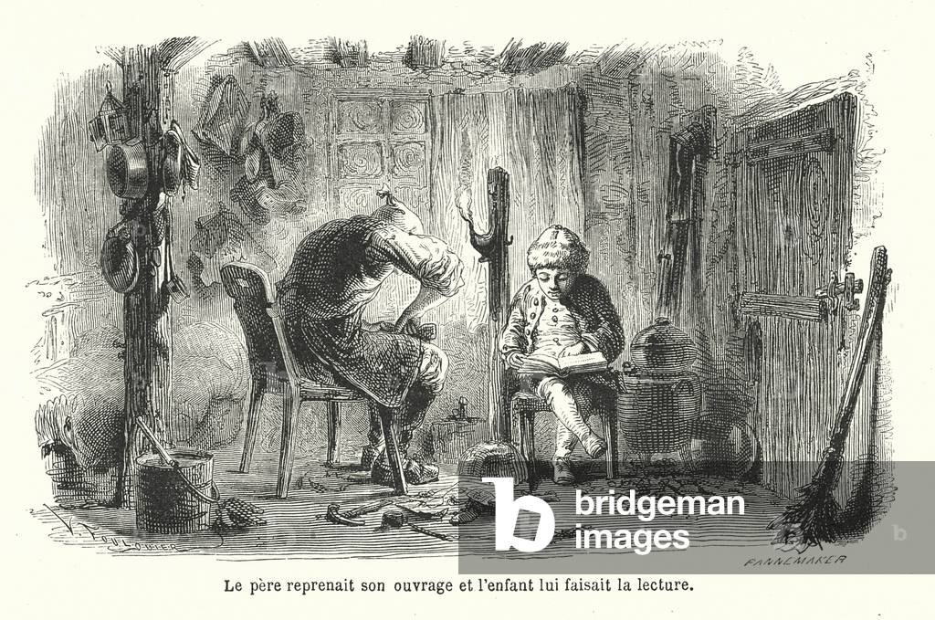 Le pere reprenait son ouvrage et l'enfant lui faisait la lecture (engraving)