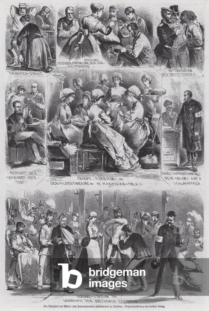 Prussian soldiers wounded in the Franco-Prussian War receiving treatment in Dresden (engraving)