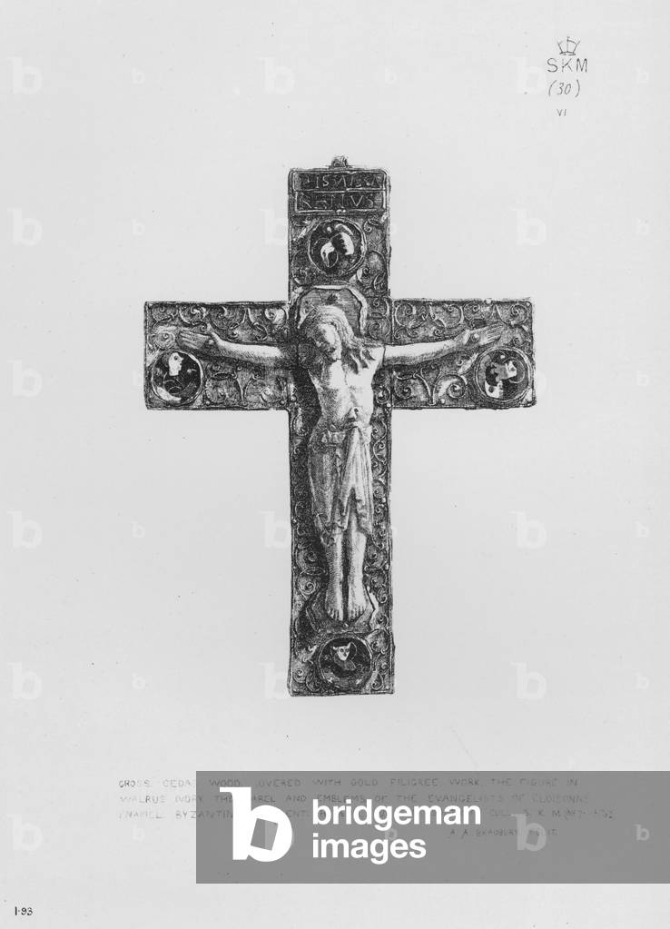 Victoria And Albert Museum: Cross, cedar wood, covered with gold filigree work, the figure in walrus ivory, the label and emblems of the Evangelists of cloisonne enamel, Byzantine, 10th century (engraving)