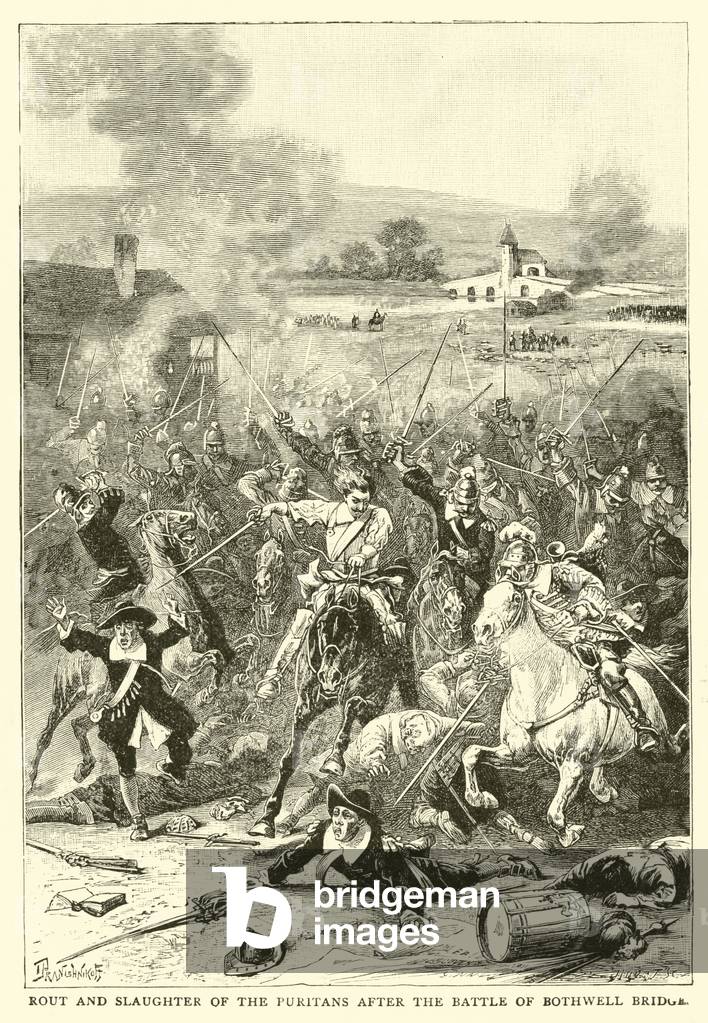 Rout and slaughter of the Puritans after the Battle of Bothwell Bridge (engraving)