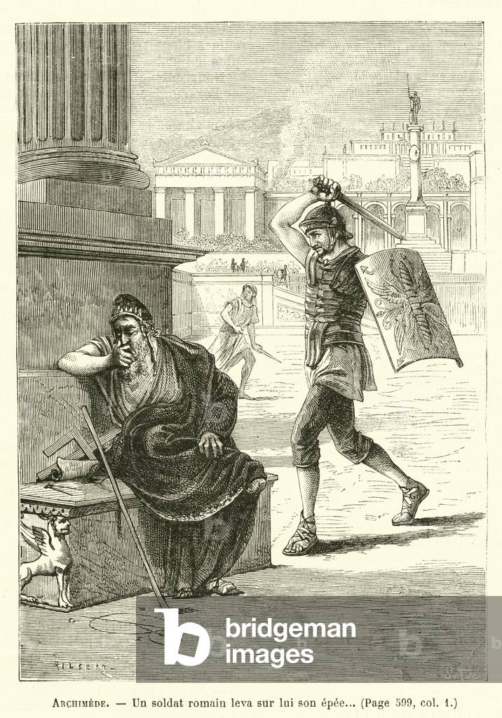 Archimede, Un soldat romain leva sur lui son epee (engraving)