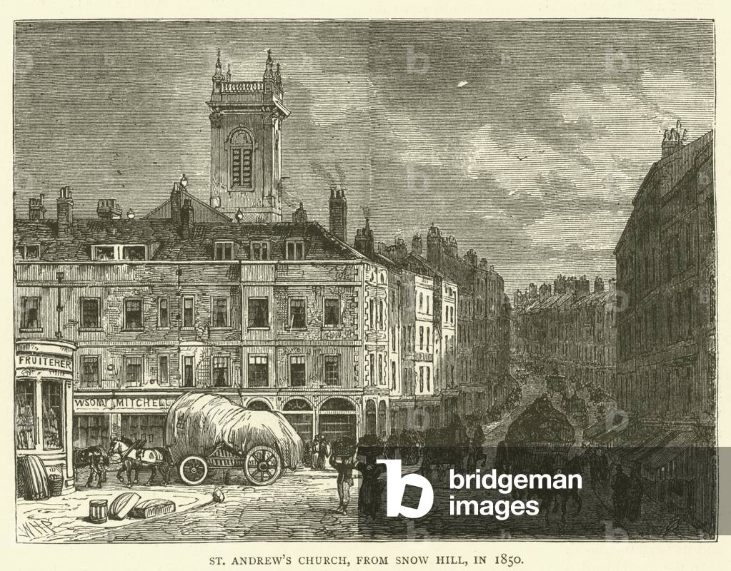 St Andrew's Church, from Snow Hill, in 1850 (engraving)