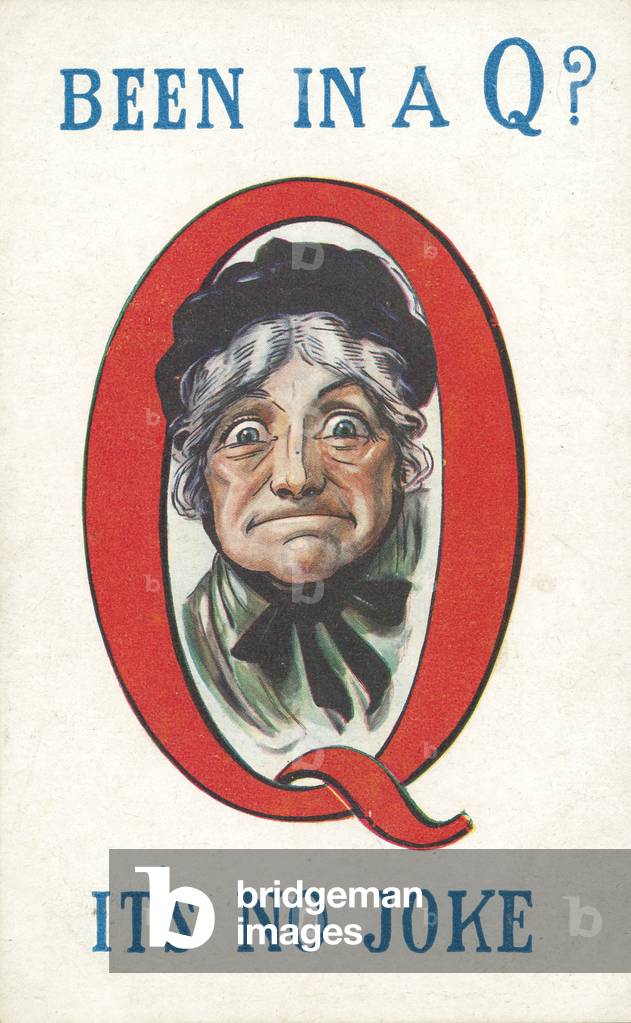Woman stuck in a Q (chromolitho)