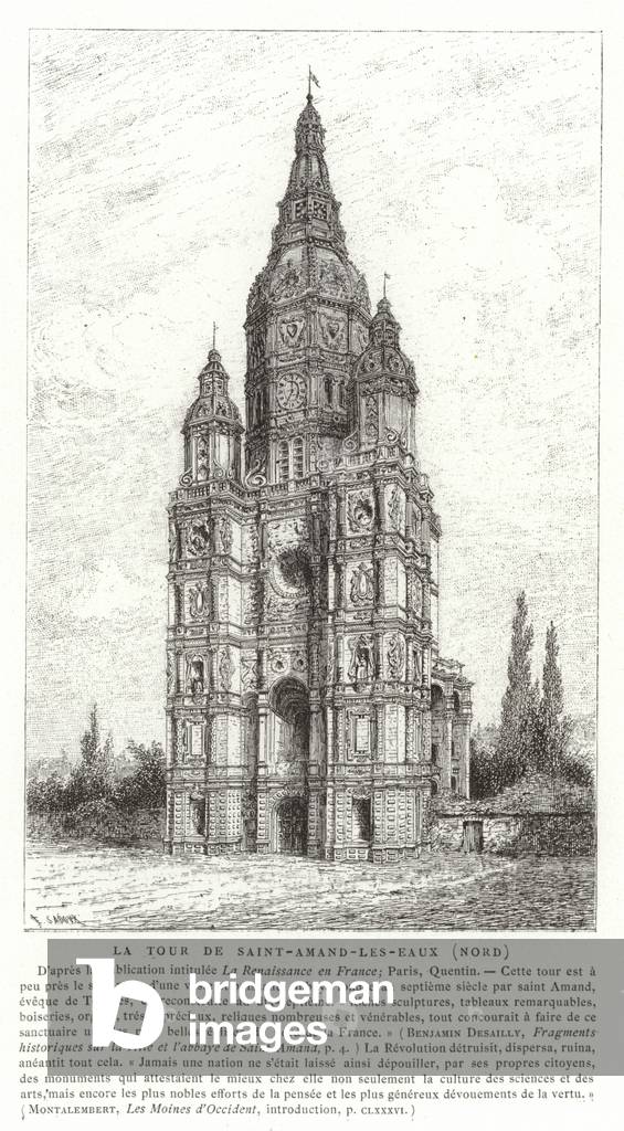Church tower of the Abbey of Saint-Amand-les-Eaux, France (engraving)