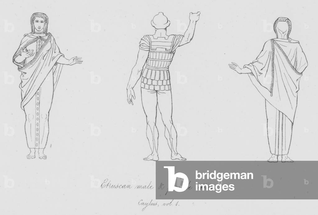 Etruscan male and female attire, Caylus, vol 1 (engraving)