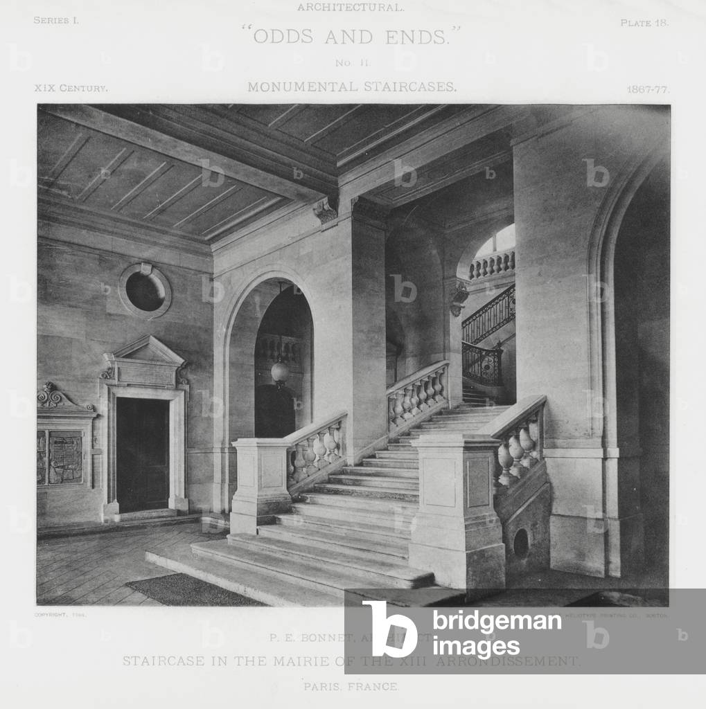 Staircase in the Mairie of the XII Arrondissement, Paris, France (b/w photo)