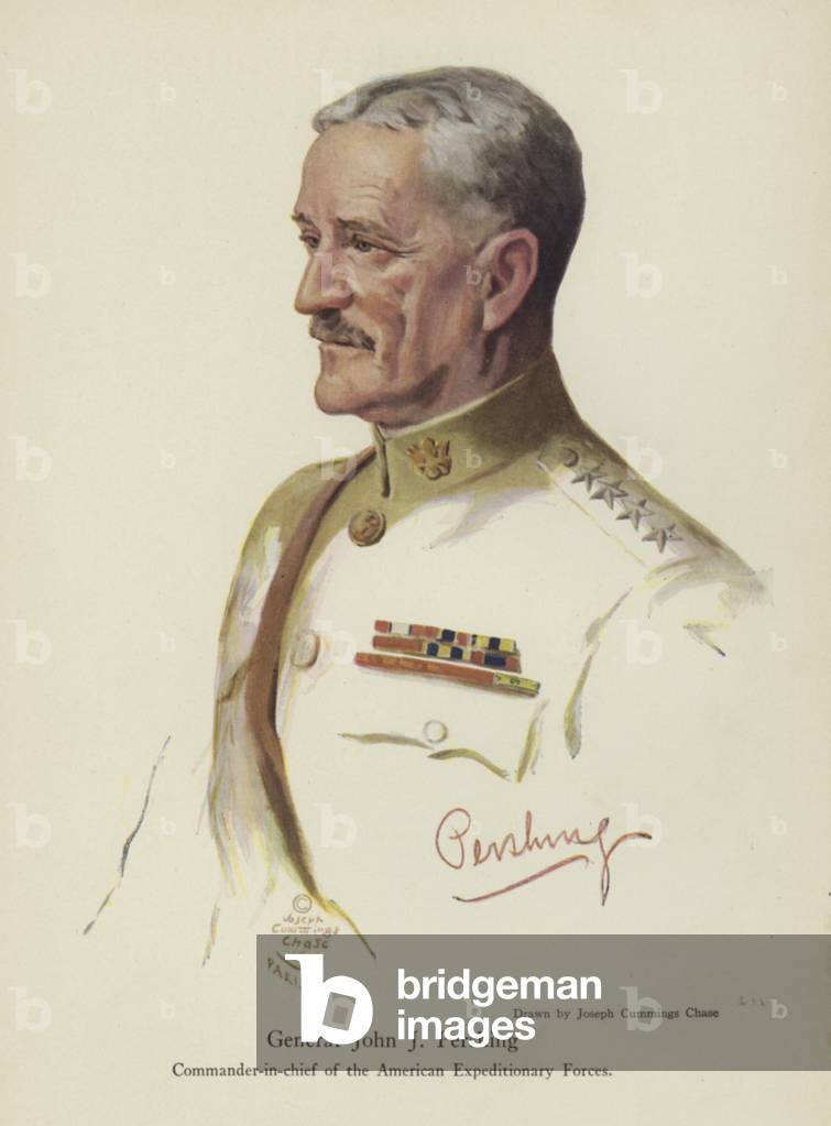 General John J Pershing, Commander-in-Chief of the American Expeditionary Forces in World War I (colour litho)