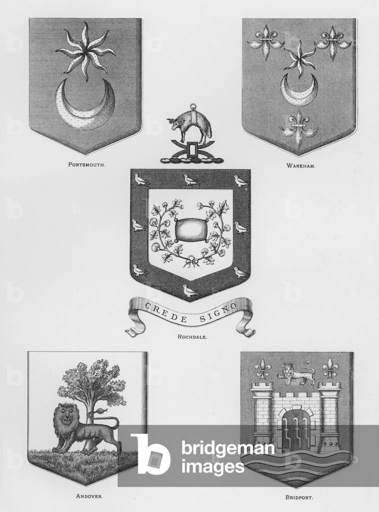 Public arms: Portsmouth; Wareham; Rochdale; Andover; Bridport (engraving)