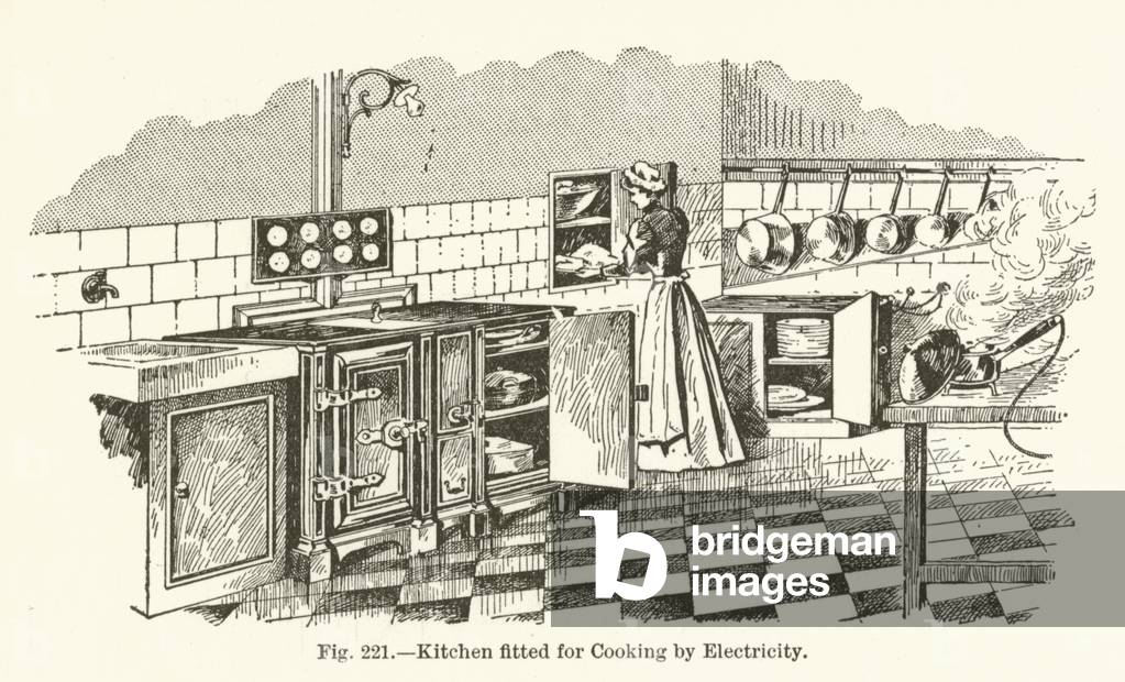 Kitchen fitted for Cooking by Electricity (engraving)