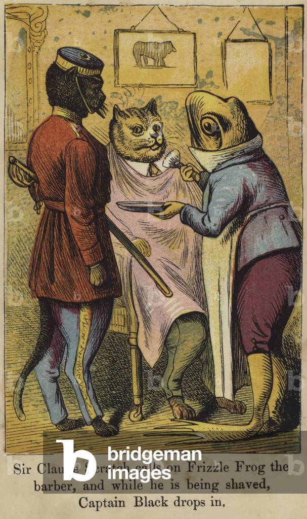 Sir Claude Scratch calls on Frizzle Frog the barber (colour litho)