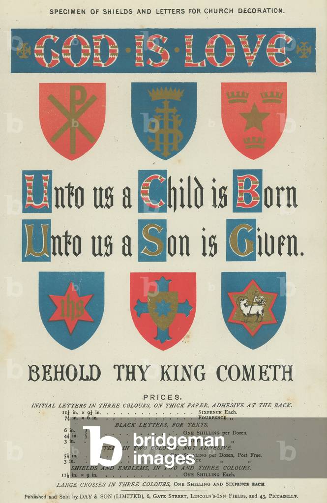 Specimen of shields and letters for church decoration (colour litho)