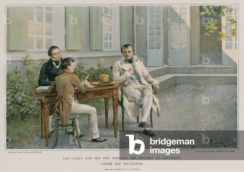 Las Casas and his son writing the history of Napoleon under his dictation (colour litho)