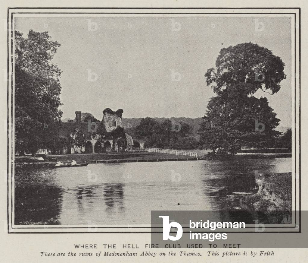 The ruins of Medmenham Abbey on the Thames, where the Hellfire Club used to meet in the 18th Century (b/w photo)