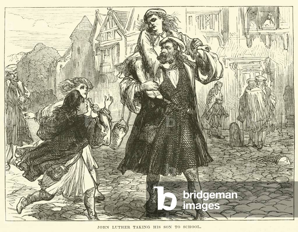 John Luther taking his Son to School (engraving)