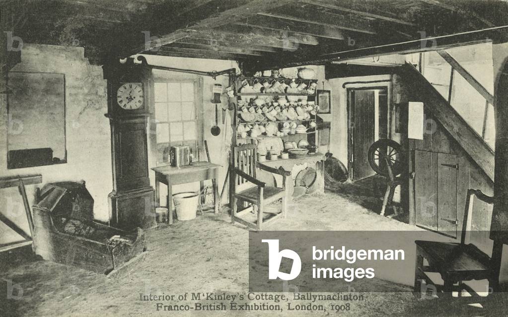 Interior of McKinley's Cottage, Ballymaclinton, Franco-British Exhibition, London, 1908 (b/w photo)