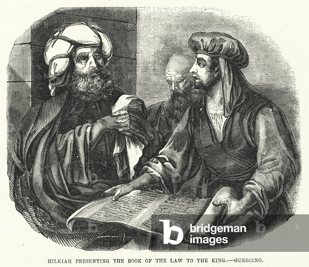 Hilkiah presenting the Book of the Law to the King, Guercino (engraving)
