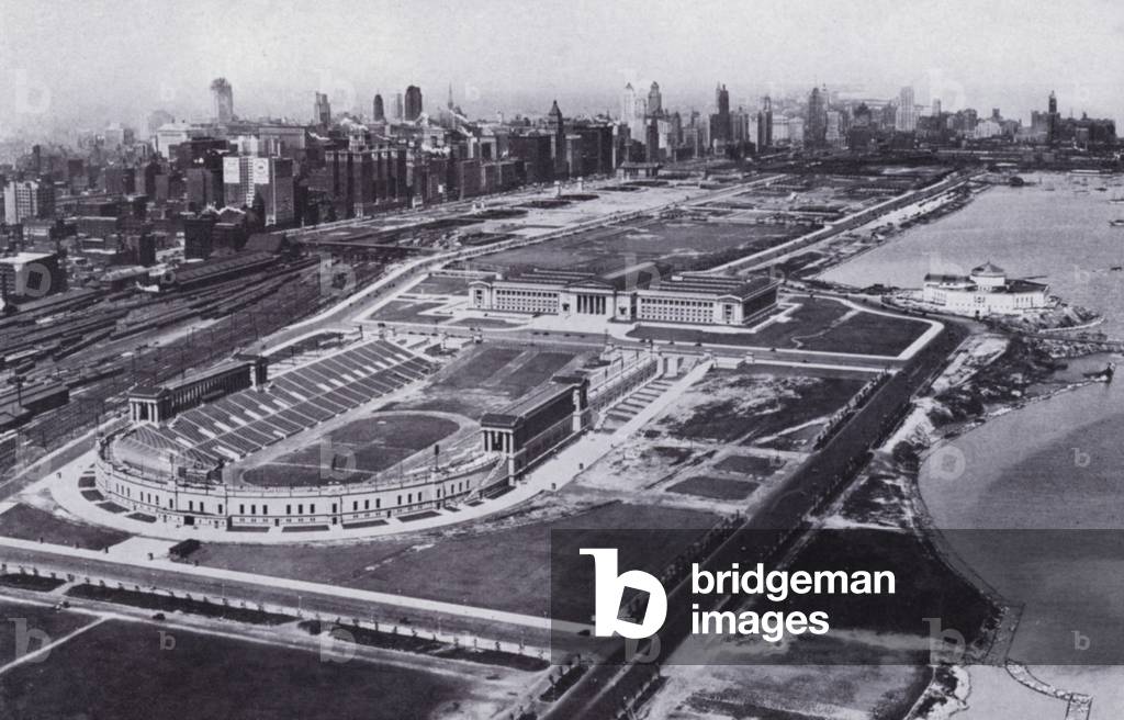 Chicago: Chicago's Lake Front from the Air, Soldier Field and Field Museum in Foreground (b/w photo)