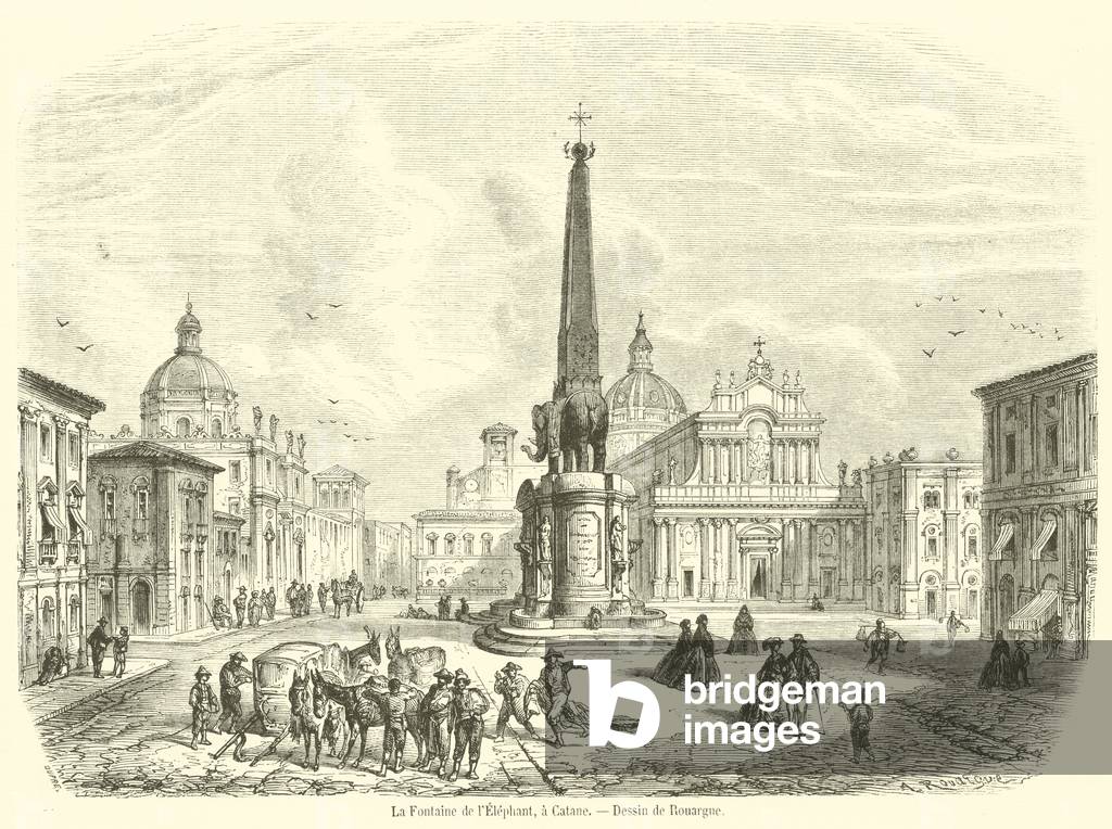 La Fontaine de l'Elephant, a Catane (engraving)