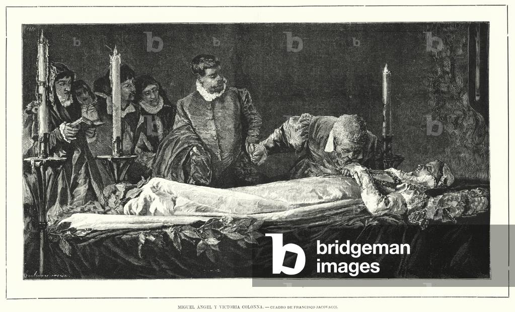 Michelangelo honouring the dead body of Vittoria Colonna (litho)
