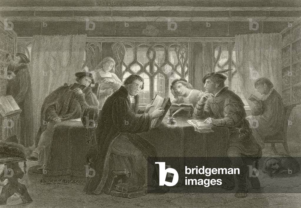 Martin Luther reading the Bible (engraving)