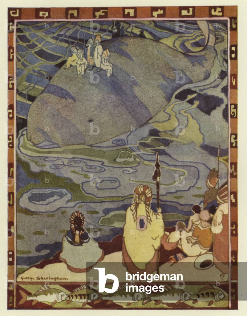 Glooskap gathered his people on the shore and bade the whales carry them to their old home (colour litho)