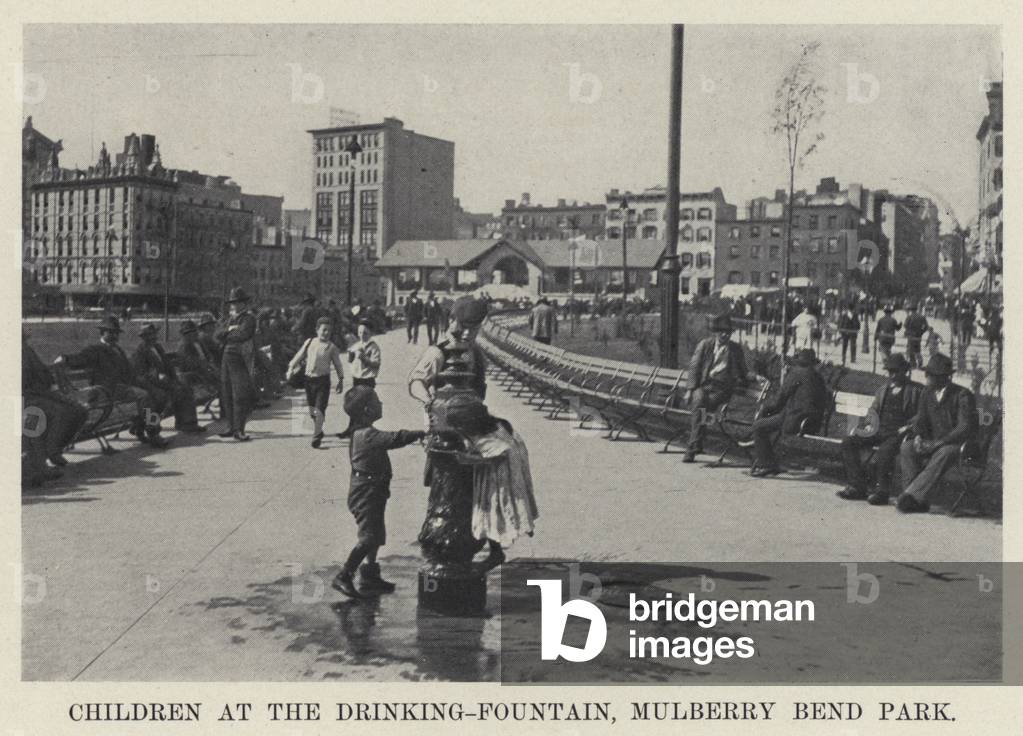 Children at the Drinking-Fountain, Mulberry Bend Park (b/w photo)