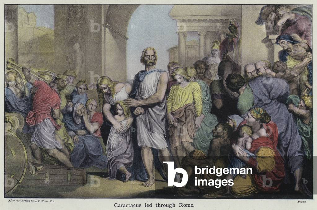 Caractacus led through Rome (colour litho)