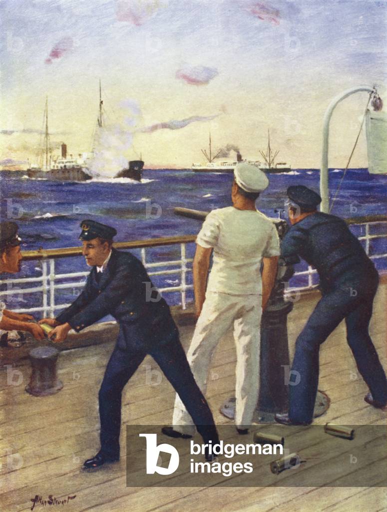 Midshipman Reginald Himbury assisting the gunners of the Clan McTavish in the fight with the German raider Moewe, 16 January 1916 (colour litho)