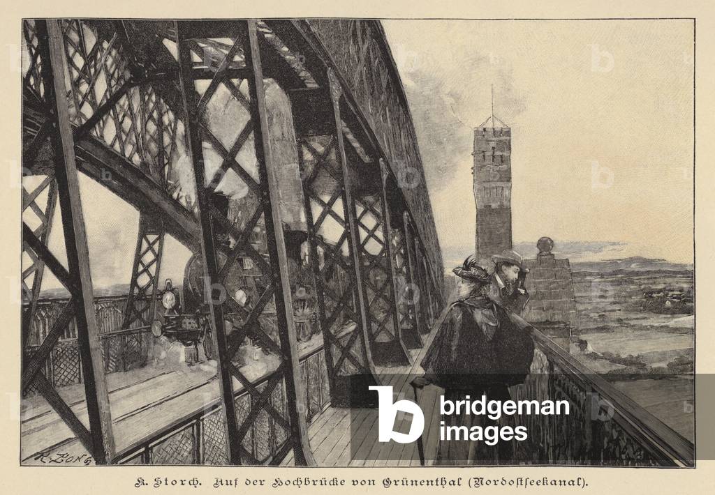 On the Grunental High Bridge over the Kiel Canal, Germany (engraving)